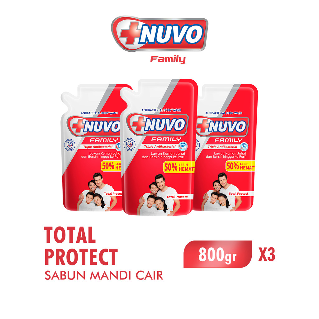 Nuvo Family Sabun Mandi Cair Merah Total Protect Pouch 800 gr x3