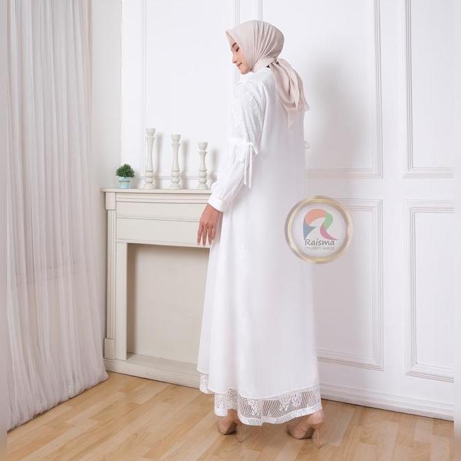 Promo Raisma - Laila Gamis Syar'I Wanita Putih Tulang Lebaran Cantik Dan Elegan Whit Outwear Brokat 