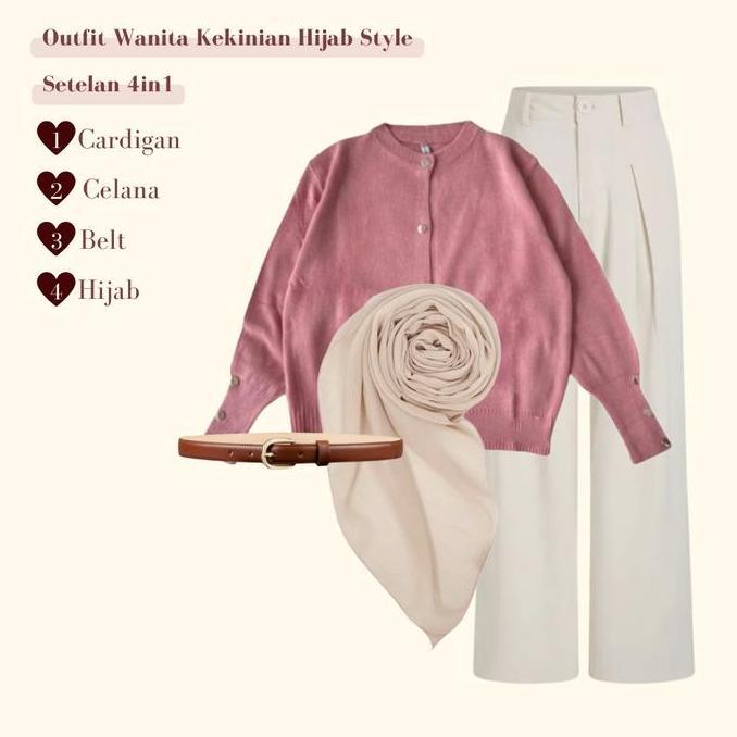 Sale Setelan Remaja Kekinian Cardigan - Celana - Hijab Bella Square - Belt Outfit Set Wanita - Lb049