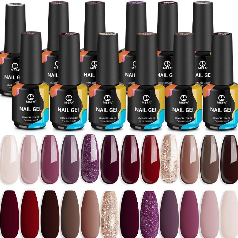 MEFA Gel Nail Polish Set 12 Warna 7ml Semua musim koleksi Gel Polish Nail Kit Popular Nude Pink Red 