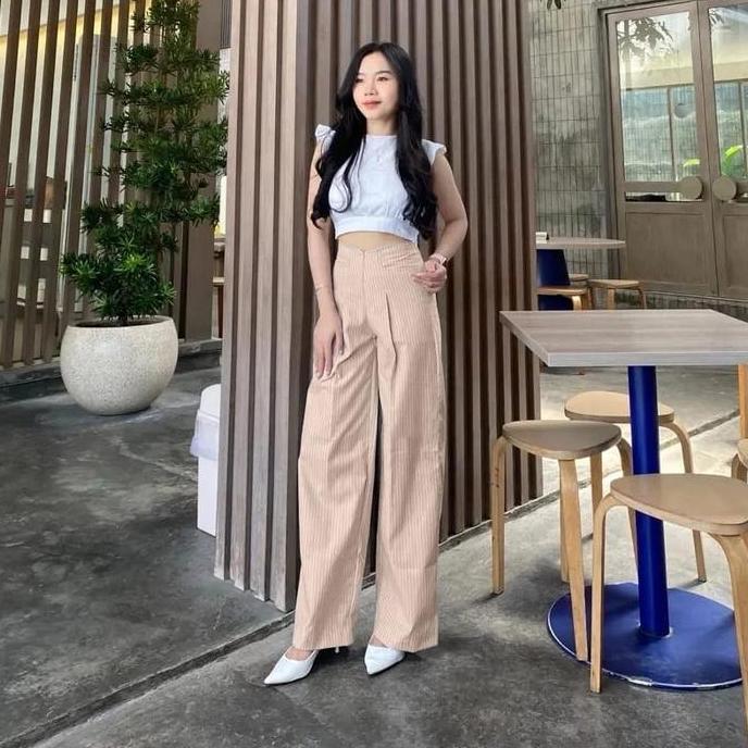 Disc Kulot Wispie Wanita City Pants Higwaish Kulot Garis Garis Wanita City Pants Resleting Depan