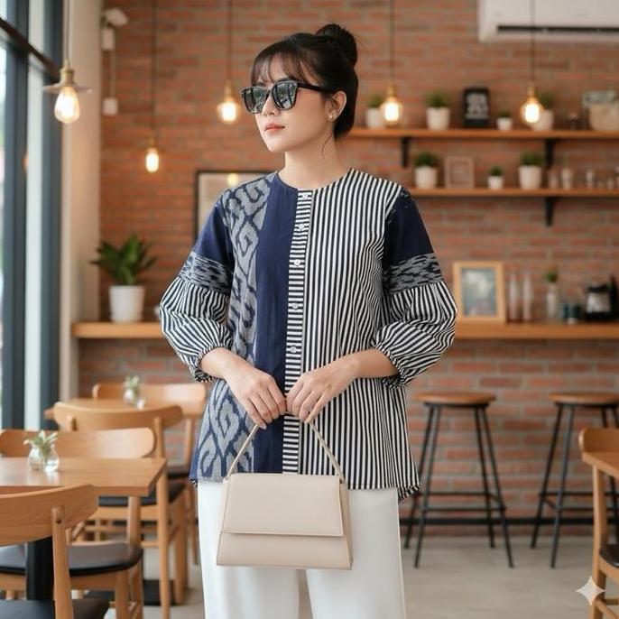 Limited Shanaya Baju Batik Wanita Blus Tenun Troso Salur Mix Katun Fashion Blouse Kerja Seragam Cant