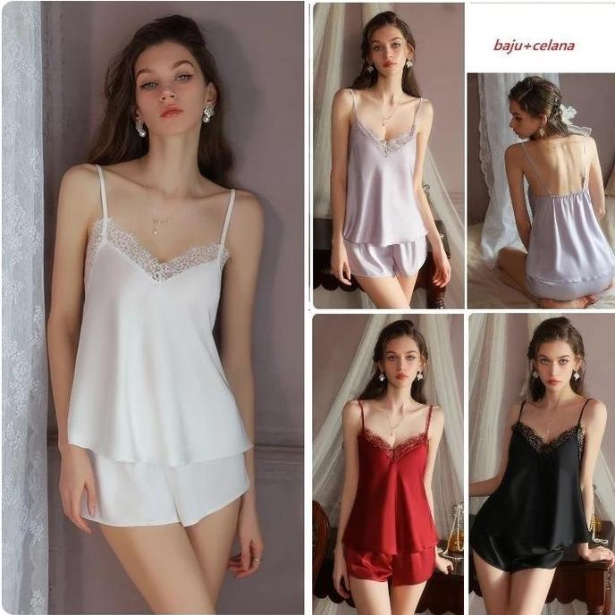 Grade Ori Setelan Piyama Satin Baju Tidur Sexy Sleepwear Wanita Baju Celana Pendek Cantik Elegan Nya
