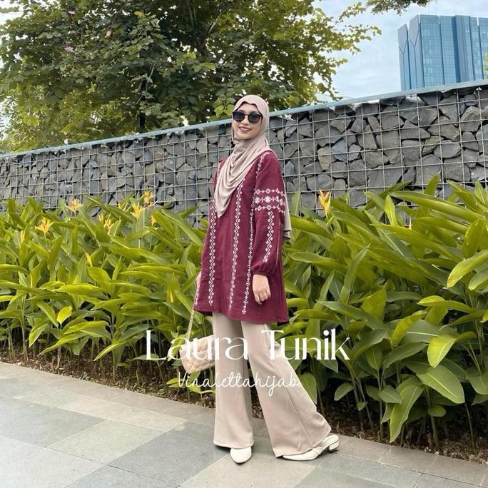 (BEST SELLER) Laura Tunik Tunic atasan raya lebaran Idul fitri Ethnic Cantik Linen Muslim Panjang Wa