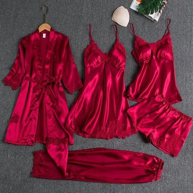 Grade Ori Fs Baju Tidur Piyama Set Sexy Kimono 5 In 1/ Baju Tidur Satin Wanita / Piyama 2 In 1 / Piy