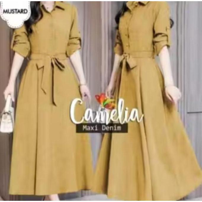 Saless Midi Dress Wanita Korea Style Free Sabuk Simple Gaun Remaja Kondangan Elegan Kekinian Casual