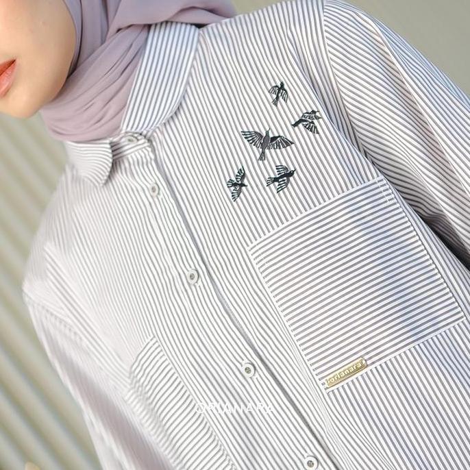 Grosir Orianara Kemeja Kasual Oversized Wanita Atasan Tunik Wanita Salur Panjang Bordir Stripe Katun
