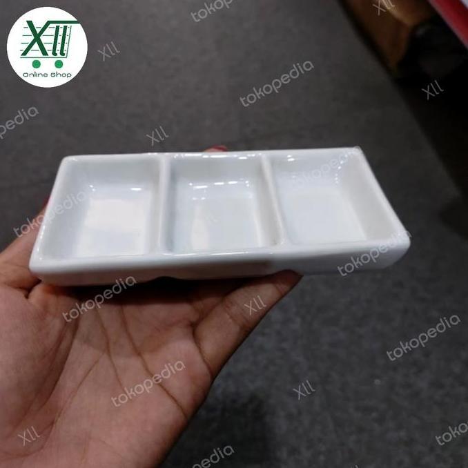 New- Homeline Gbc~11 Piring Keramik Kotak 3 Sekat Tempat Sambal Saos Kecap