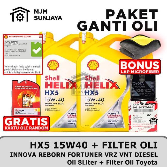[Gratis Filter Oli] Paket Ganti Oli Mesin Shell Helix Hx5 Sae 15W-40 8 Liter Toyota Innova Reborn Fo
