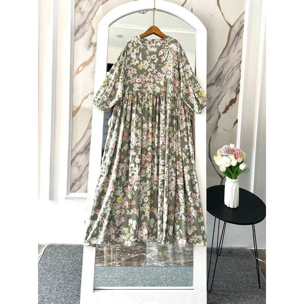 Tiara Midi Dress Yulia Rayon Premium Jumbo Lengan Karet Busui Kancing Wanita Muslim Kekinian 01