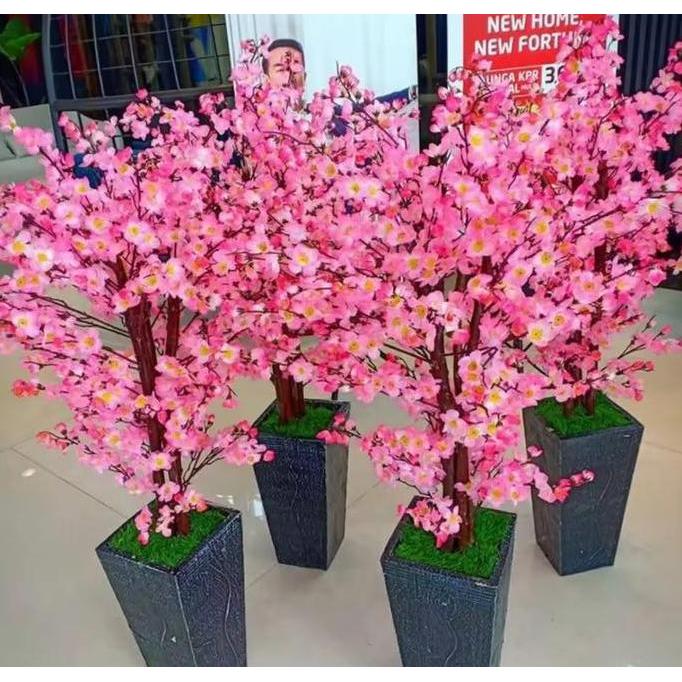 BUNGA SAKURA PLASTIK ARTIFICIAL HIASAN SUDUT RUANGAN DEKORASI RUANGAN SUDAH SET VAS BUNGA TINGGI 80C