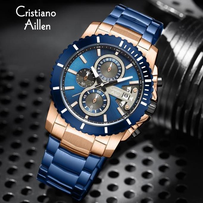 Wgwg- Cristiano Aillen Jam Tangan Pria Analog Ca 8898 St Stainless Steel Chronograph Kaca Sapphire W