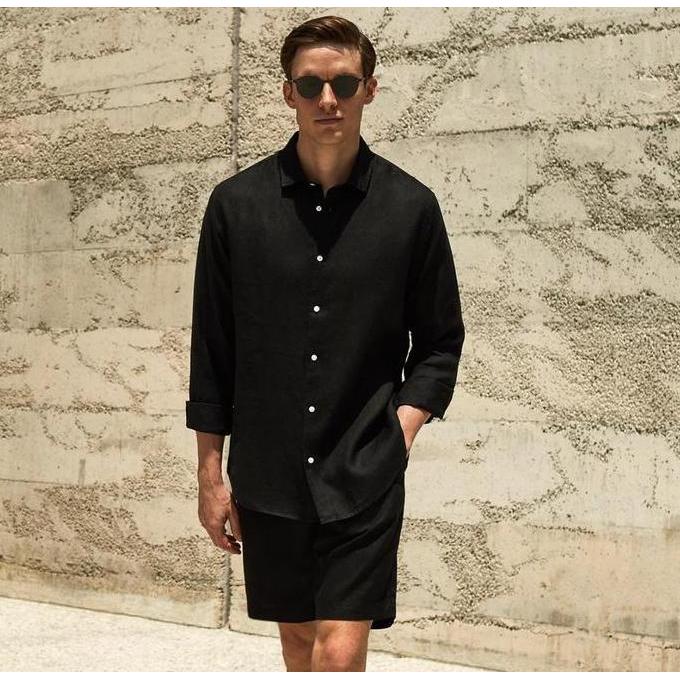 REMEDY | Midnight Setelan Kemeja Celana Linen Set Pria Hitam | Linen Set Men Black