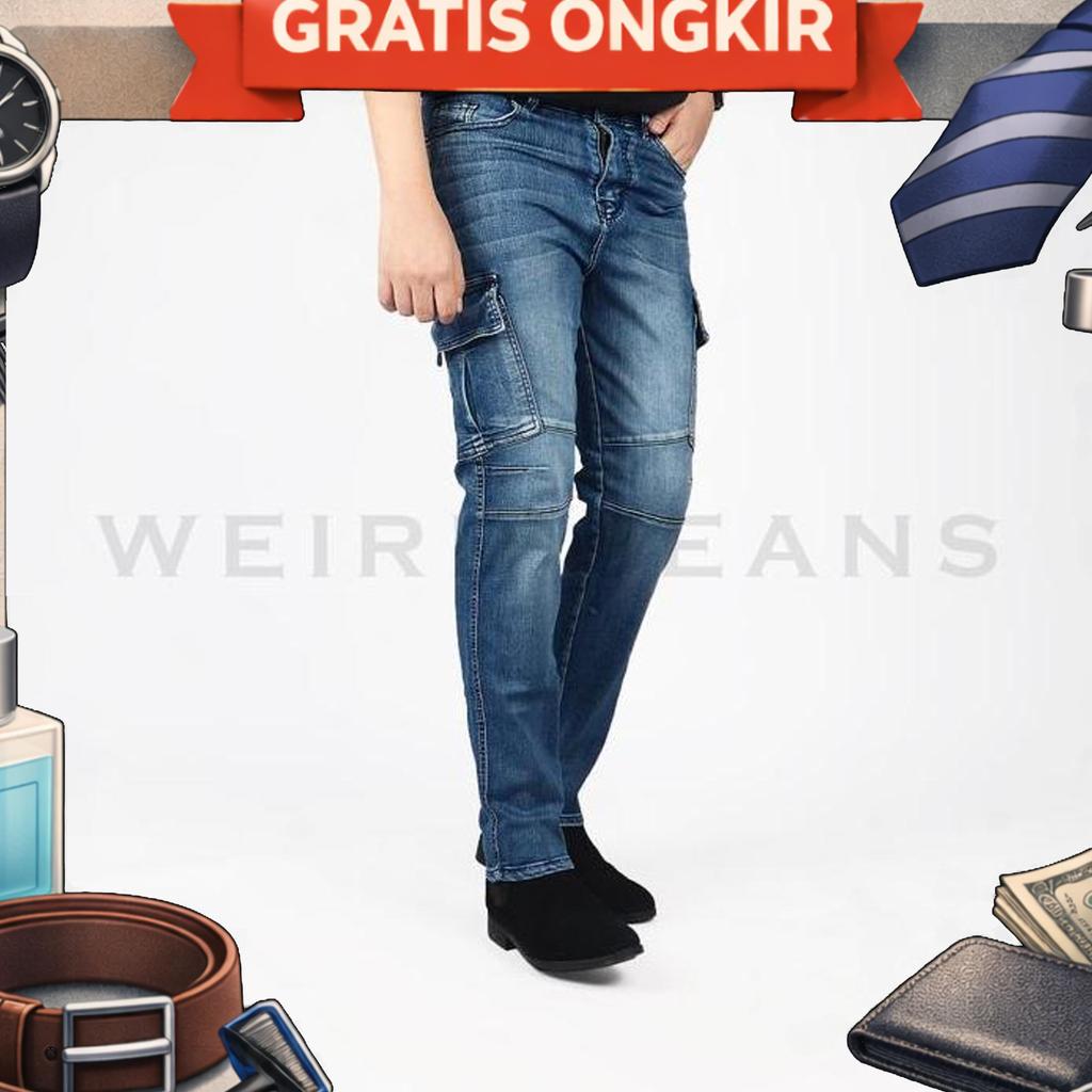 Weird Jeans - Cargo Arven Blue - Celana Jeans Cargo Denim Panjang Pria Slim Fit Strech