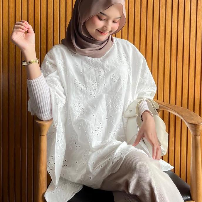 Raia Kaftan Outer Bordir - Kaftan Lebaran - Outer Kaftan-baju bordir wanita Katun Muslim Putih