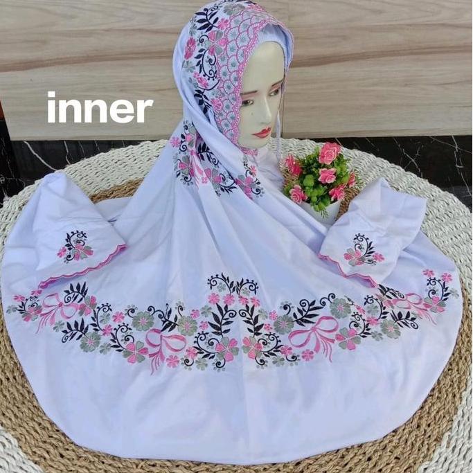 Otwkirim- Mukena Terusan Dewasa Plus Inner Putih Bunga Cantik Tebal Nyaman