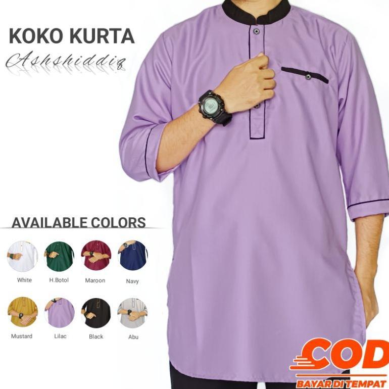 Big Sale Koko Kurta Ashshiddiq - Baju Koko Kurta Pria Dewasa Lengan 3/4 Warna Mustard Putih Hijau Bo