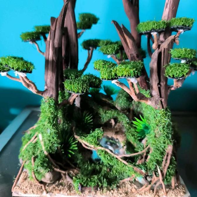 Hardscape Jungle Theme Sintetis dengan Desain Pohon Hijau dan Batu Alam untuk Dekorasi Aquarium nano