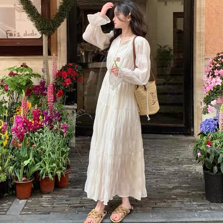 New Gaun Sifon Lengan Panjang Musim Gugur Gaya Putri Prancis Dress Putih Polos  M505