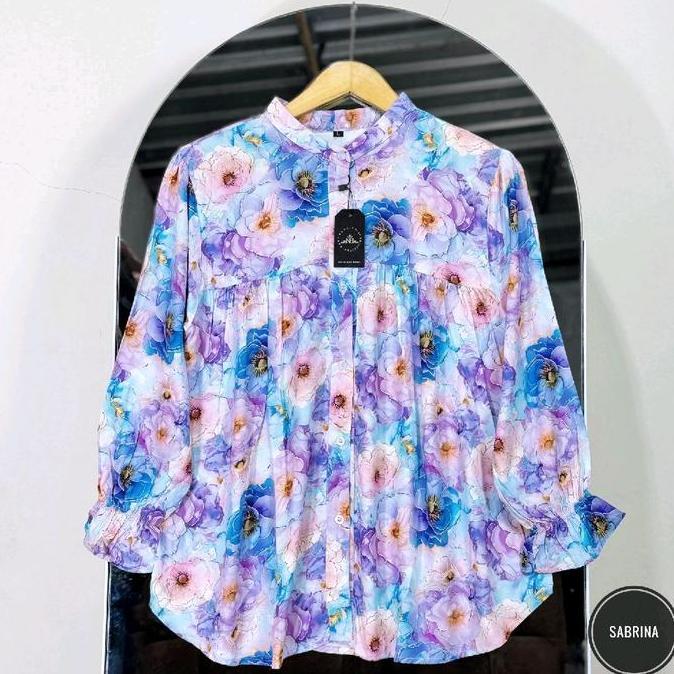 BEST SELLER / PREMIUM SANIA Alisa Blues Kemeja Wanita Rayon Motif Bunga Elegan dan Nyaman untuk Tamp