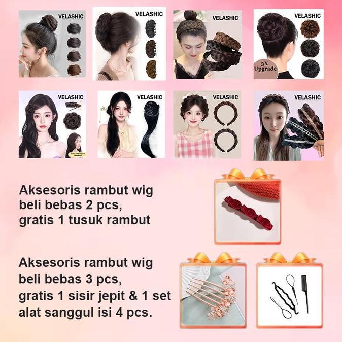 Kidall- Velashic  (Karya Asli) Jepit Rambut Palsu Bun Kepang Volume 3X Serat Suhu Tinggi Cepol Bunga