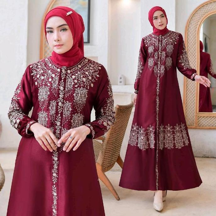 Thebest- Gamis Silk Cristal - Dress Bordir Pintu Aceh - Baju Gamis Pesta dan Lebaran Terbaru Mewah M