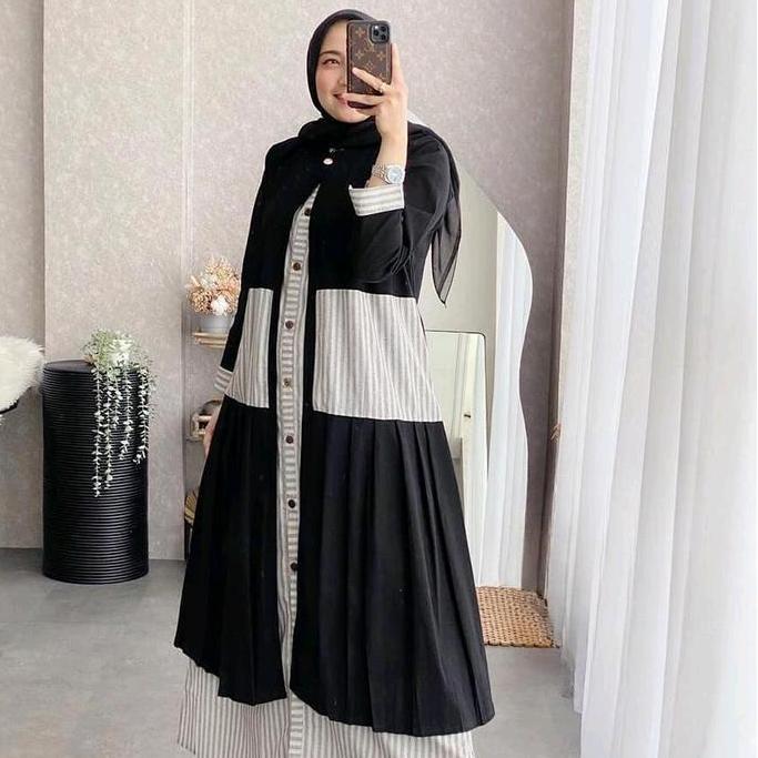 Kayyisa Dress Gagil/Ninos Iner Outer Kain Katun Salur Toyobo Gamis Muslim Cardigan Wanita Kardigan K
