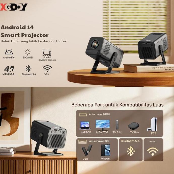 Terpopuler- Xgody Gimbal 5 Go Smart Proyektor Lcd - Android 14 - 720P - Built-In Speaker - Netflix -