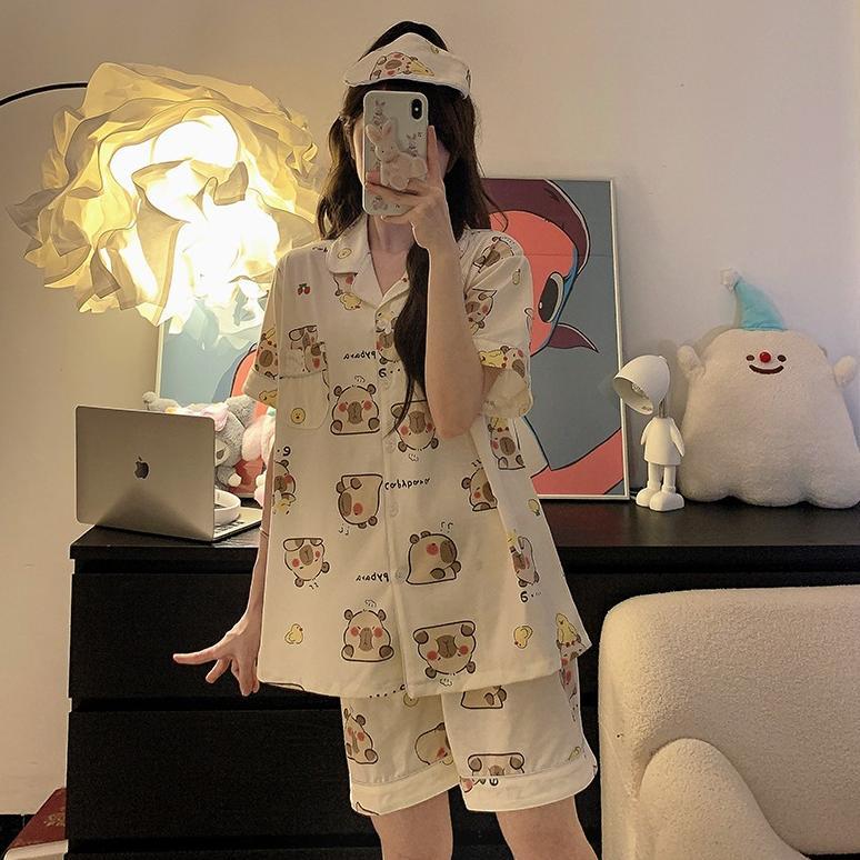 Termurah  2In1 Setelan Set Piyama Premium Baju Tidur Lengan Celana Pendek Capybara Original Import C