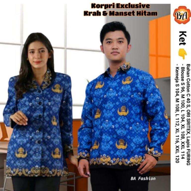 Tahan Lama !! Baju Seragam Korpri Kemeja Pria Blouse Wanita Terbaru Krah Hitam Standart Korpri Pemer