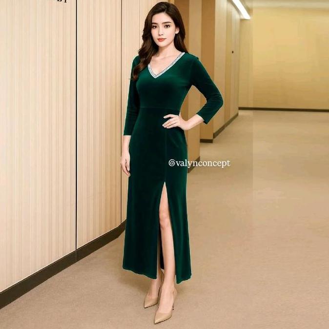 Promo Long Dress cantik beludru variasi mute dibagian dada - Long Dress beludru premium - Long Dress