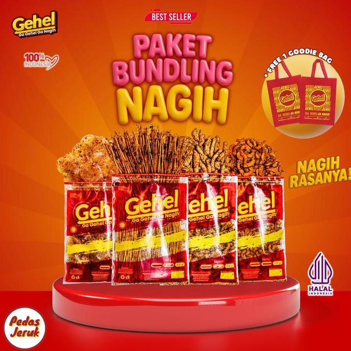 (Free 1 Tas) Gehel Paket Bundling Nagih - Mie Lidi, Kripca, Basreng, Makaroni Rasa Pedas Jeruk )  Ma