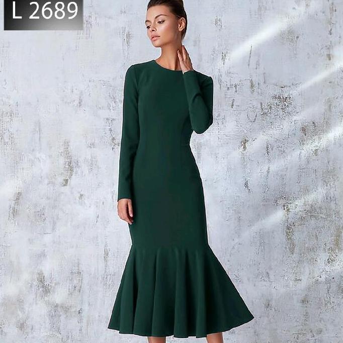 Promo LooWear- Dress Pesta Midi Bahan Scuba Premium Lengan Panjang Duyung Mermaid Formal Wanita Disk