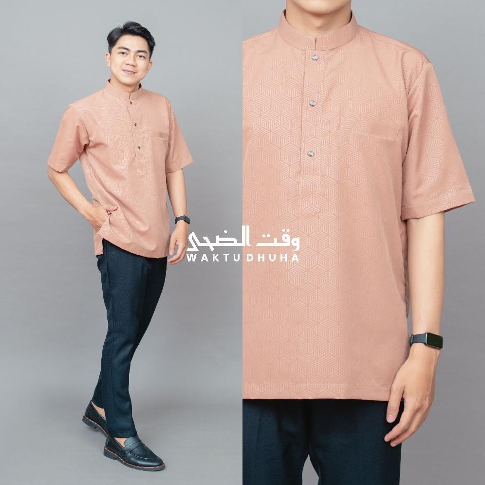 FREE ONGKIR WAKTU DHUHA - KOKO DHUHA BAJU MUSLIM PRIA LENGAN PENDEK MOTIF EMBOSSE HEXAGONAL