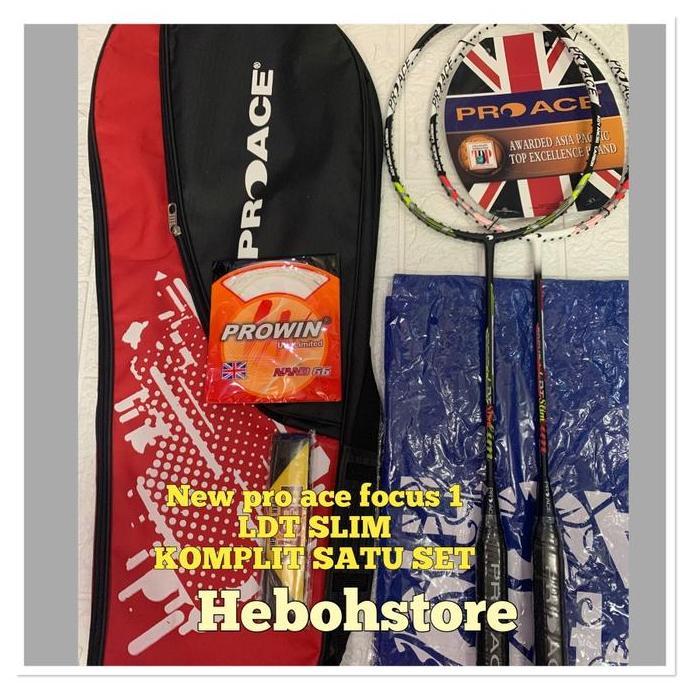 Promo Raket Badminton PRO ACE FOCUS 1 LDT slim komplit senar+tas+kaos ORI Diskon