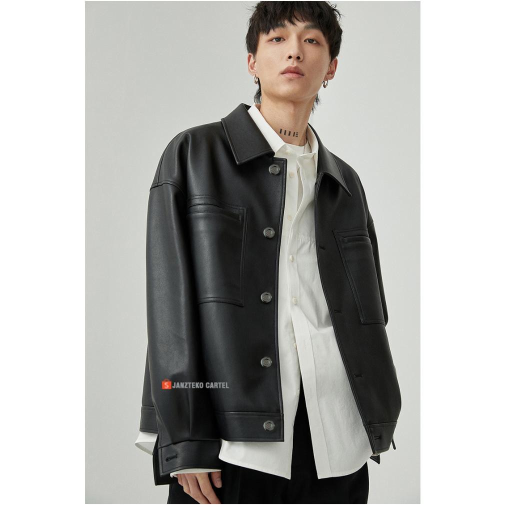 HOT JNK x MAURO - Jaket Kulit Imitasi Pria Hitam Coklat Overisze Ukuran Besar Leather Jacket Premium