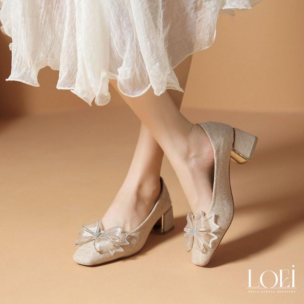 CUCI GUDANG LOEI Sohee Sepatu Wanita High Heels Sepatu Hak Tahu Pita Glitter Pump Shoes Korea Style 