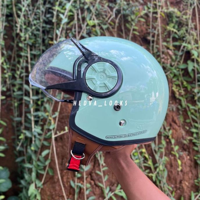 YKT HELMET Helm Bogo Hijab Cepol Dewasa Model Retro SNI Clear Kaca Busa Coklat Full Leher Ukuran S/M