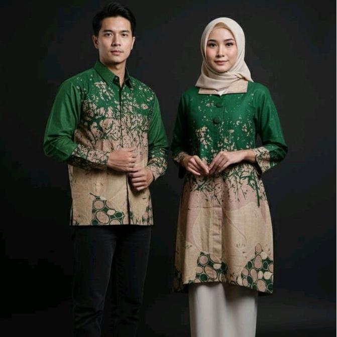 DI50 >> BATIK TUNIK WANITA COUPLE BAHAN KATUN SOLO PREMIUM MOTIF TULIP HIJAU BOTOL