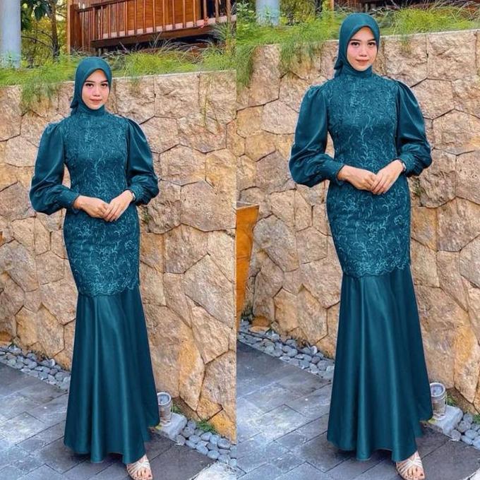 DS13 >> MAXI DESYA DUYUNG TANGAN BALON MODEL/GAMIS KONDANGAN BRUKAT KOMBI SATIN Gamis Dress Wanita P