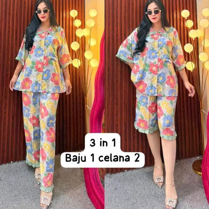Terpopuler- Meidina Set 3In1 Setelan Baju Wanita (2 Celana 1 Baju) Rayon Panjang Motif