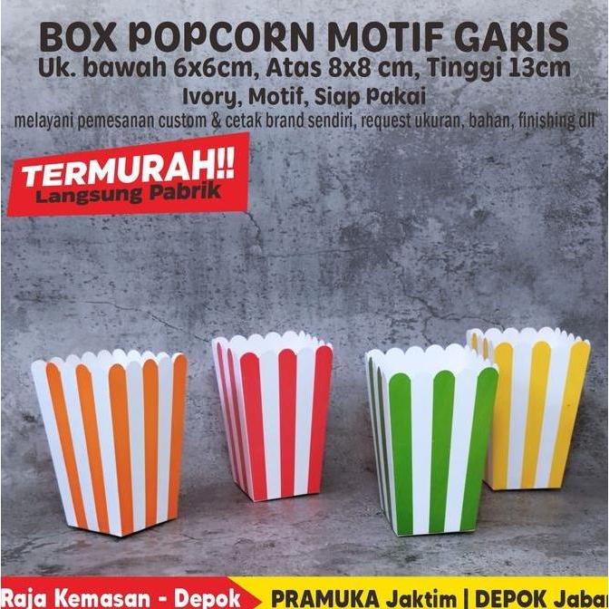 Yxwrg- Box Popcorn 8X8X13 Cm Bahan Ivory Motif Garis Merah Siap Pakai (Isi 100 Pcs)