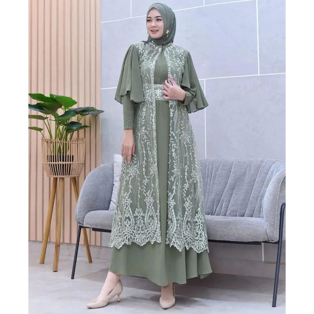 Dress Outer Brukat Pesta Terbaru 2024 Green Sage Gamis Clarisa By Ghina  Set Inner + Outer Free Belt