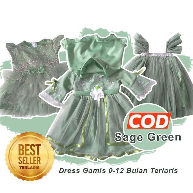 IN24 - Baju Warna Sage Green 6 12 Bulan FREE PITA Dress Warna Sage Green Terlaris Import Gaun Sage G