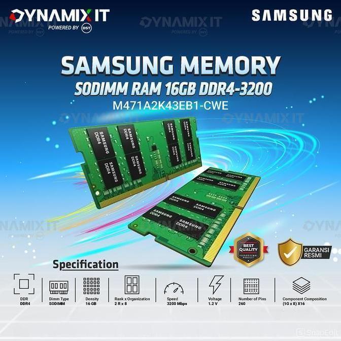 Samsung Memory SODIMM 16GB DDR4-3200 PC25600 3200MHz RAM M471A2K43EB1-CWE Laptop (TERBAIK) (TERBARU)