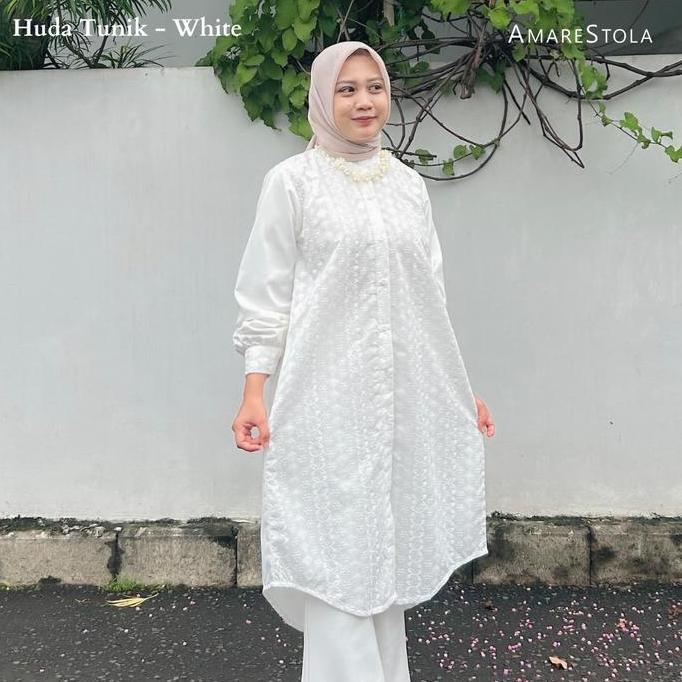 Amarestola - Huda Tunik / Tunik Lengan Panjang Katun Bordir Coksu Putih Hitam Sage