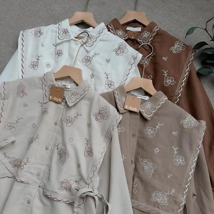 Yurika Blouse Trend Fashion Wanita OOTD Casual Motif Bunga Bordir Timbul Bahan n Rami Crincle Mewah 