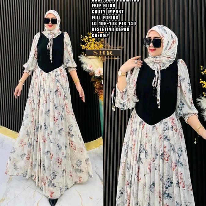 Maxi Dress SHR ORI Langsing Bunga dengan Set Hijab Ceruty Import - Muslim, Pesta, Nyaman, Panjang, W
