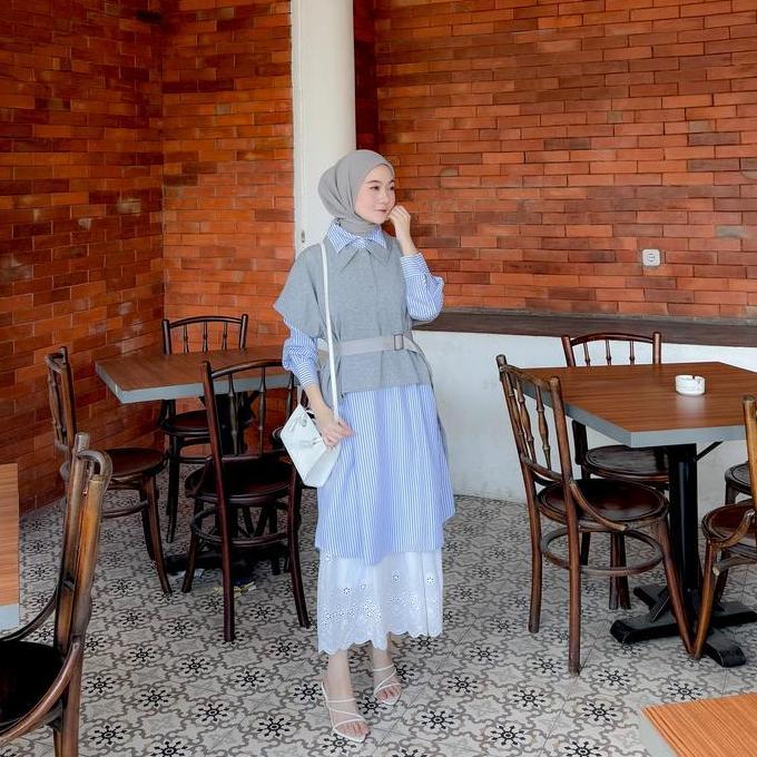 FASH - 1576 Tunik Wanita Berbahan Saluria Motif Garis Free Belt