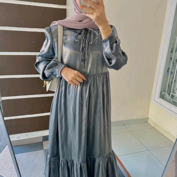 Midi Dress Kode SM Shimmer Luxury Tali Leher Kekinian Polos Wanita Cantik Muslim Nyaman